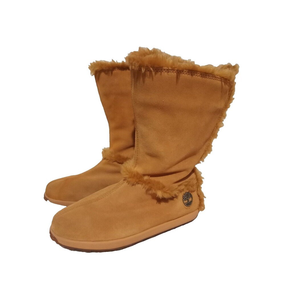 Timberland Mukluk Boots Size 8  Faux Fur Lining Tan Suede Pull-On Logo